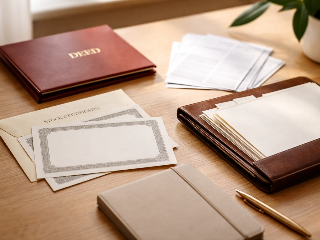 Close-up of blank share certificates and investment/property folders on a simple office desk.