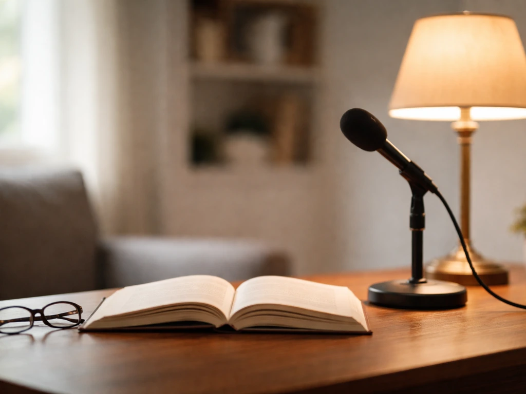 Dignified study desk with an open book, microphone, and a subtle backdrop symbolizing public speaking and authorship.
