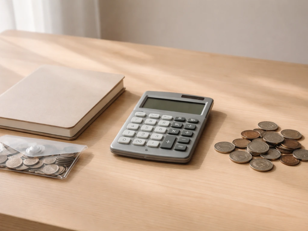 Minimal photo showing a notebook with a calculator beside coins and a small envelope, symbolizing assets minus liabiliti