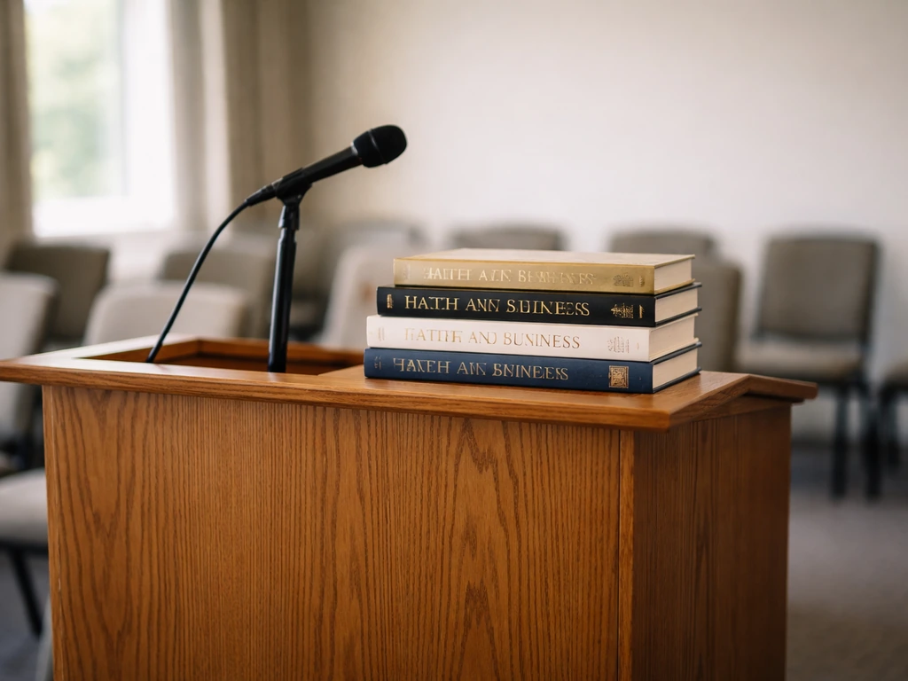 Rabbi-author book display on a lectern with a simple talk backdrop, evoking publishing royalties
