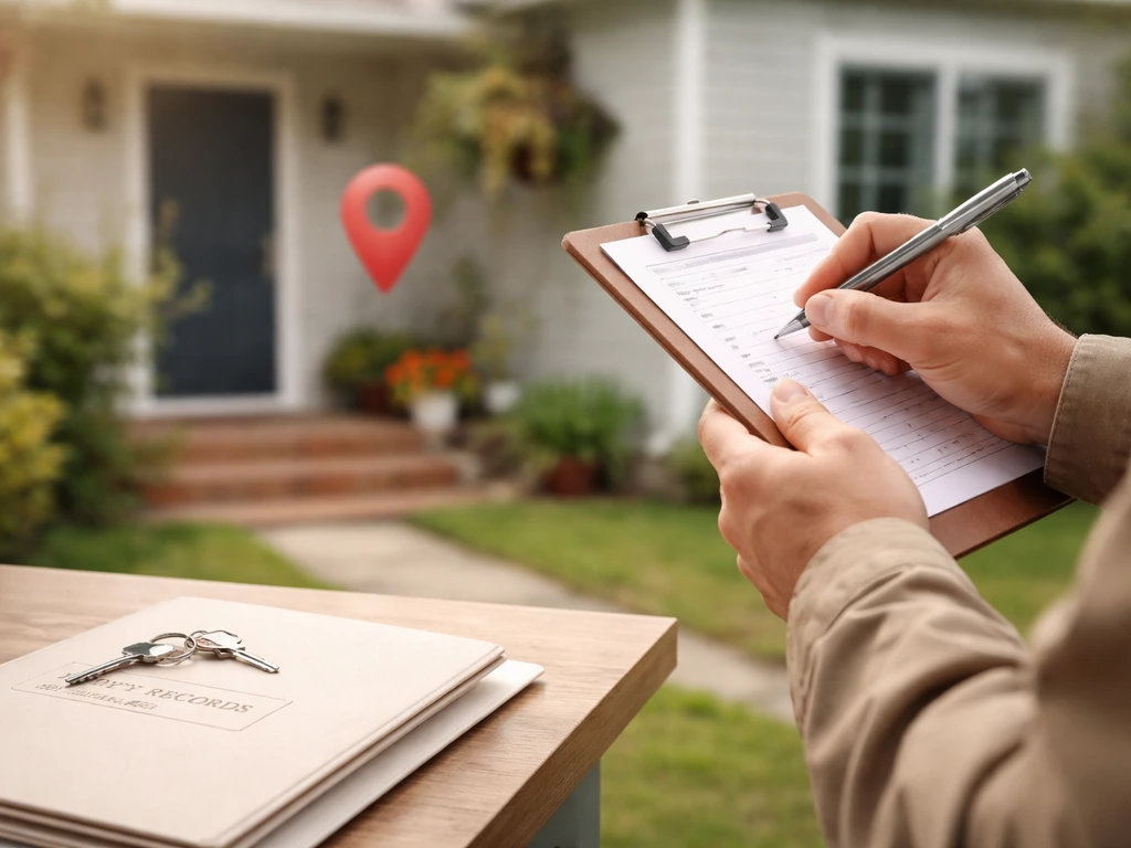 Hand holding a clipboard near a house, with blurred map-style pin and property document folder in view