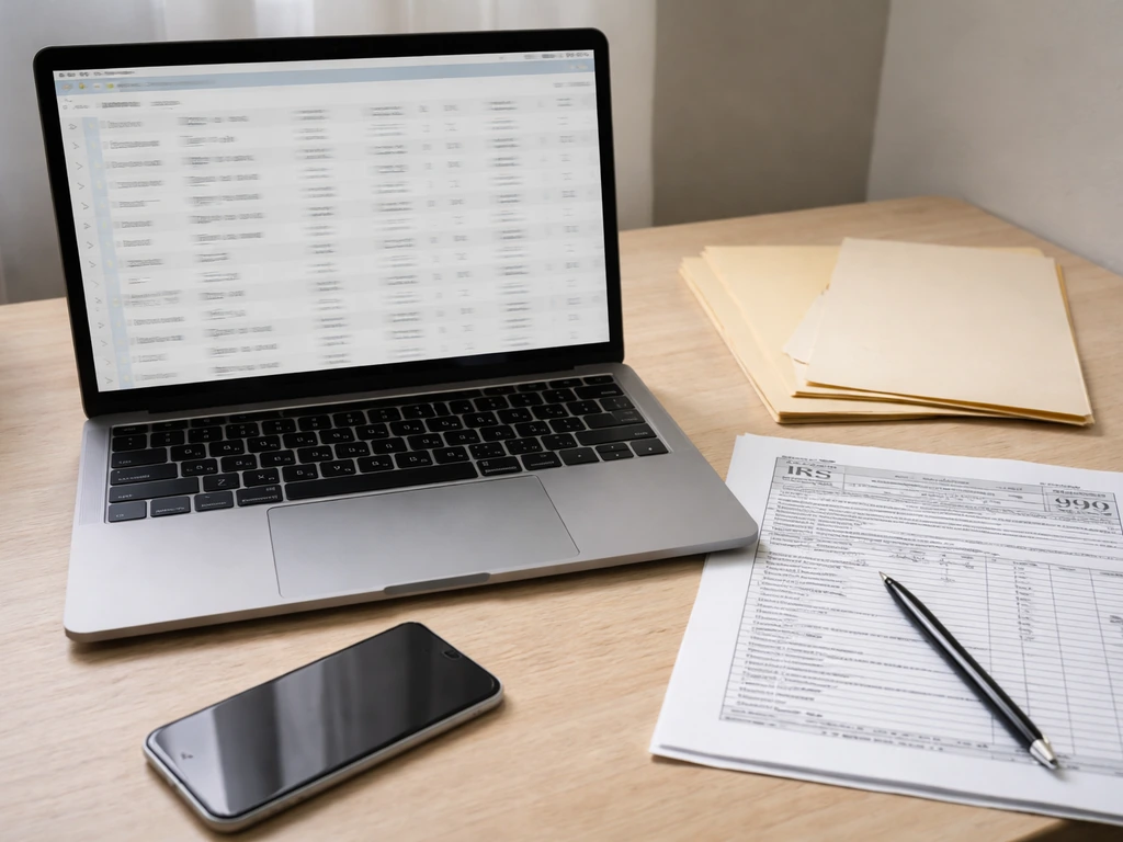 Minimal desk scene with an open laptop and blurred Form 990-style search results, suggesting public financial research.