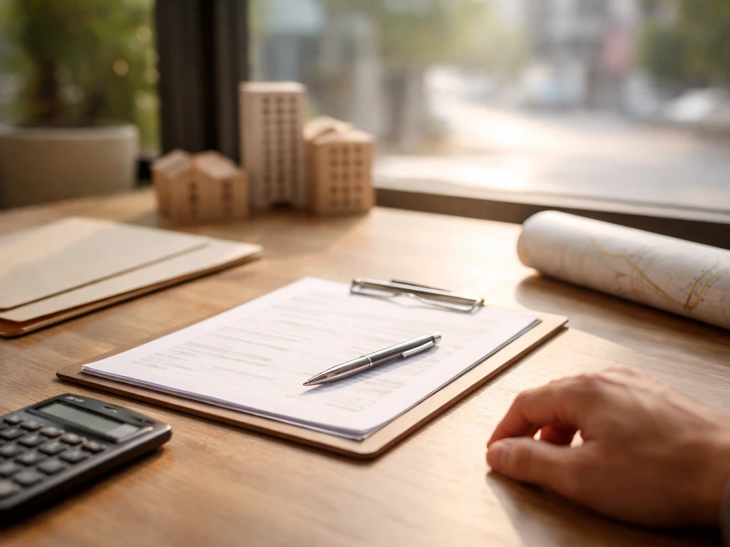 Real-estate investor desk with property documents, a calculator, and a blurred city view.
