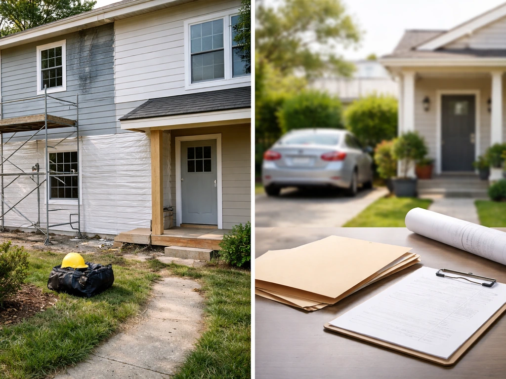 Split view: renovated house cues, rental entrance, and blank permit paperwork on a desk.