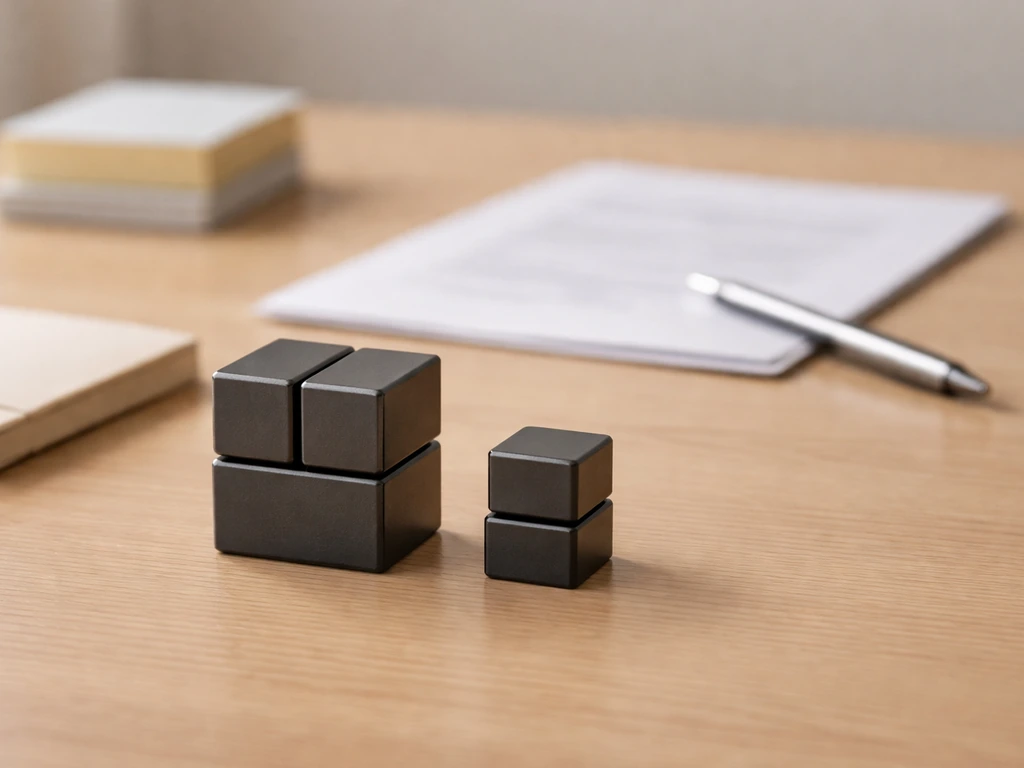Minimal desk scene with a blurred financial document, pen, and a small abstract investment holding model