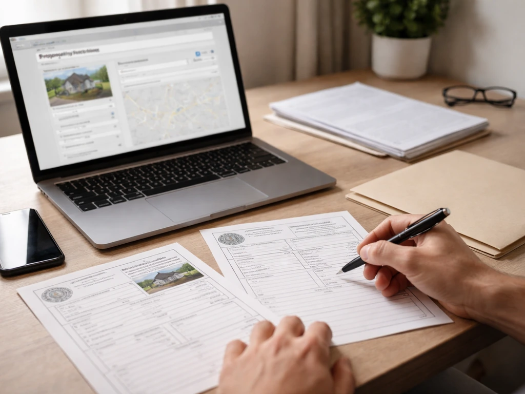 Anonymous hands compare blank property-record cards beside a laptop showing a generic search screen.