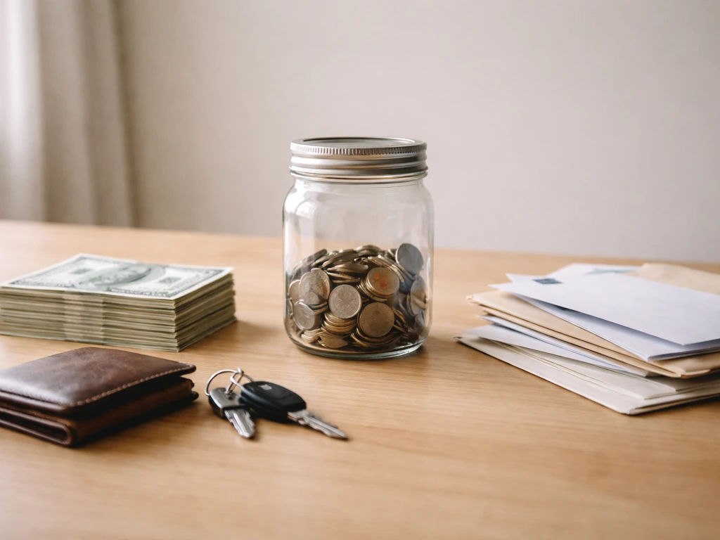 Minimal tabletop scene showing assets on one side and bills/debt on the other, with a coin jar in between.