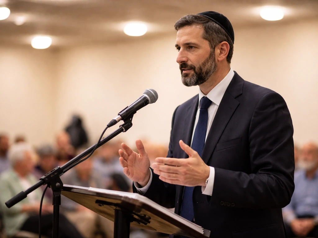 An anonymous rabbi speaking at a simple lectern with a microphone in a small community hall.