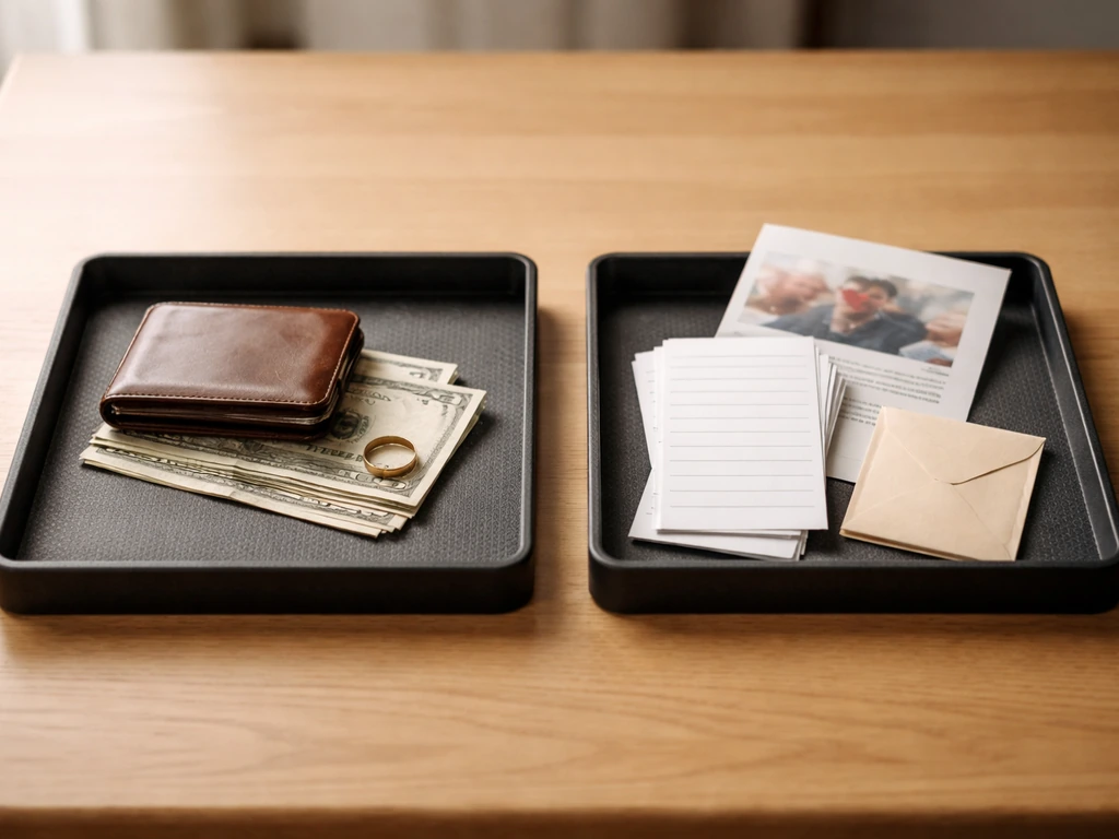 Side-by-side trays suggesting personal accounts vs donation receipts and envelopes on a wooden table.