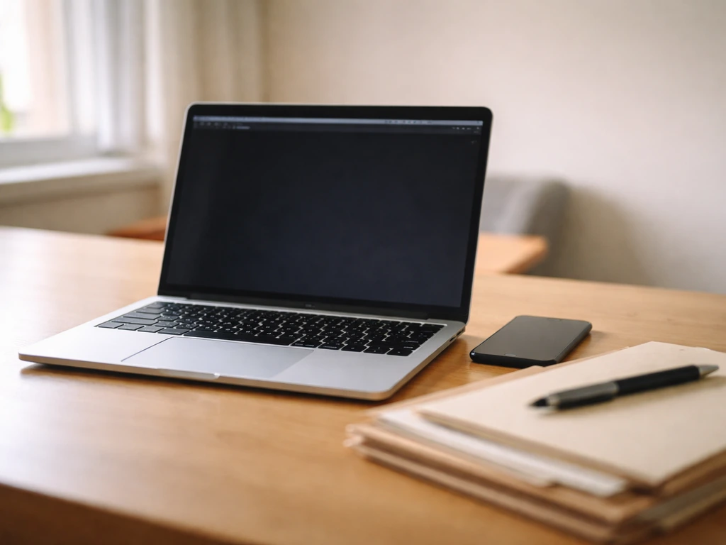 Minimal office desk with laptop and phone beside paper folders, symbolizing verifying Form 990 data.