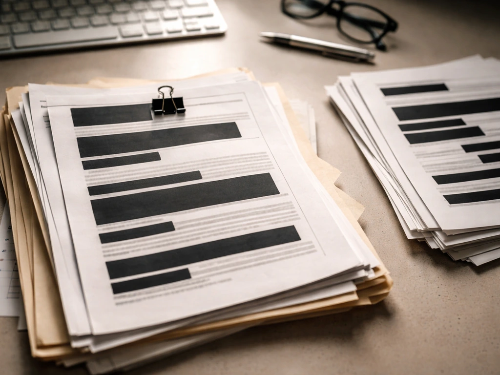 Close-up of mixed finance documents and redacted records suggesting identity-name ambiguity