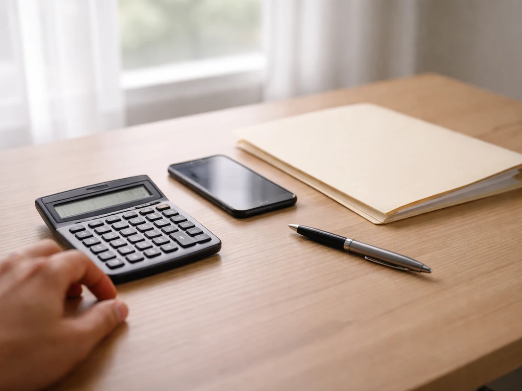 Minimal desk scene with a calculator, smartphone, and folder symbolizing business net worth estimate steps.