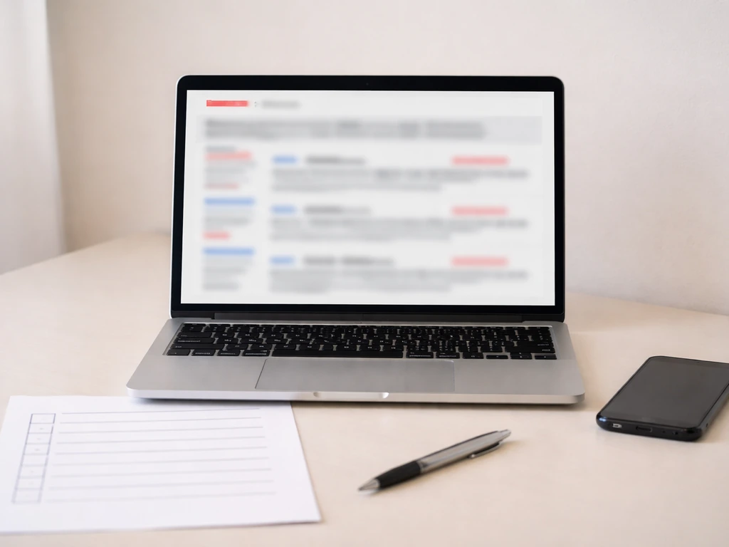 Laptop and checklist on a desk showing blurred property-record search results as redacted proxies.