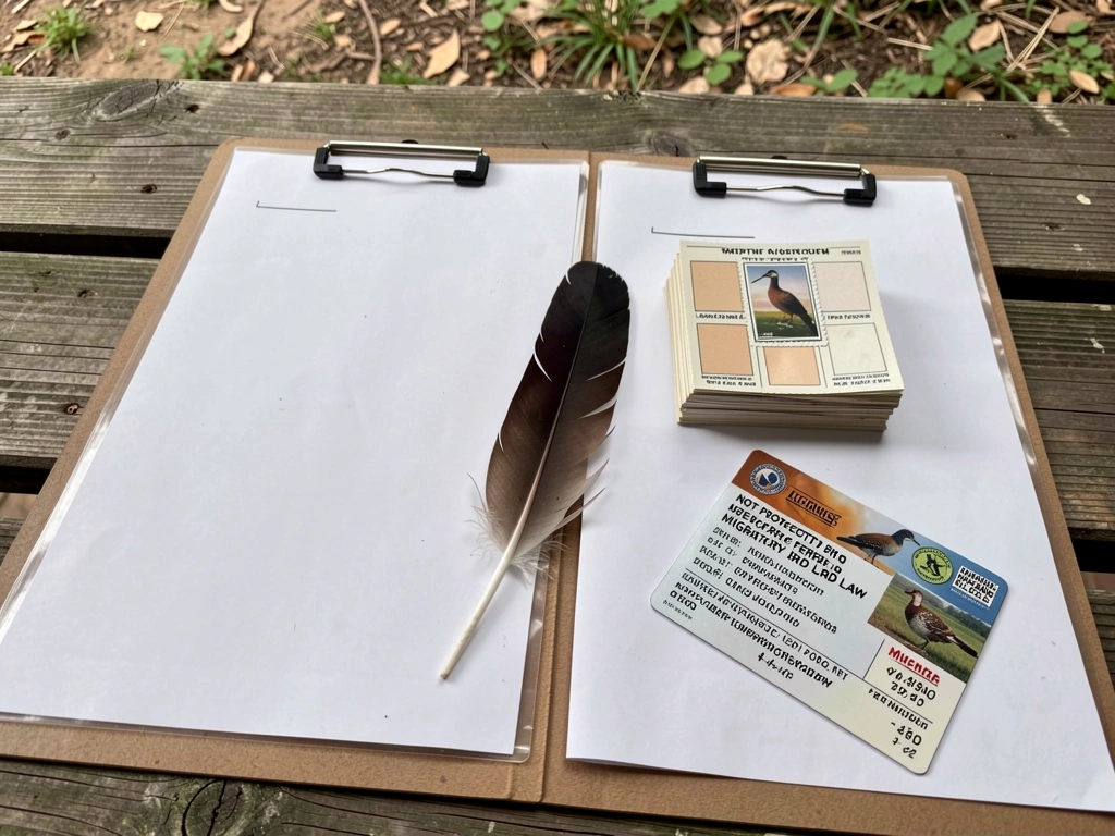 Wild turkey feather beside hunting license and permit materials to illustrate federal vs state rules.