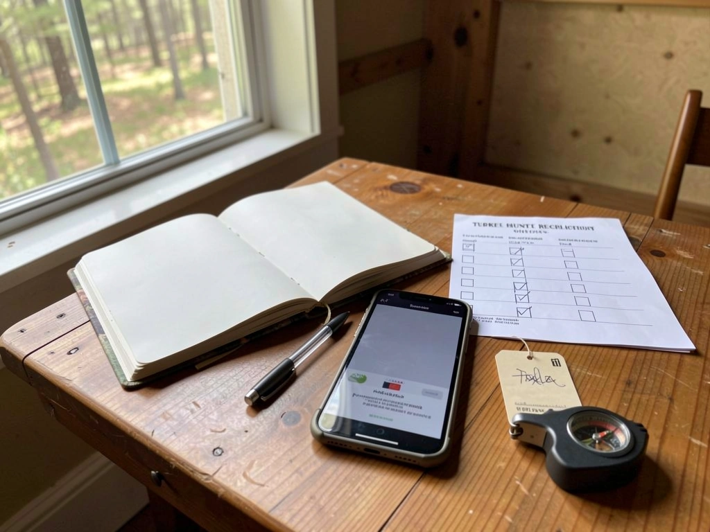 Turkey pre-hunt checklist laid out with regulation booklet, license/endorsement card, and phone map.