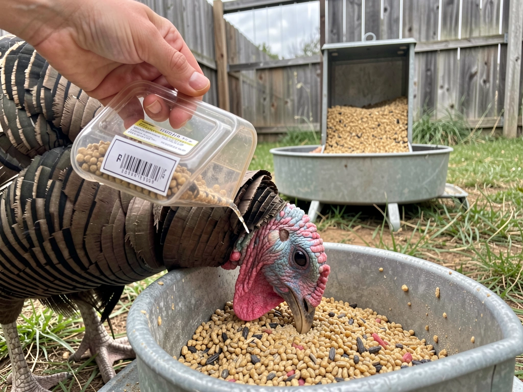 Turkey eating turkey-specific feed while chicken feed sits in a separate feeder