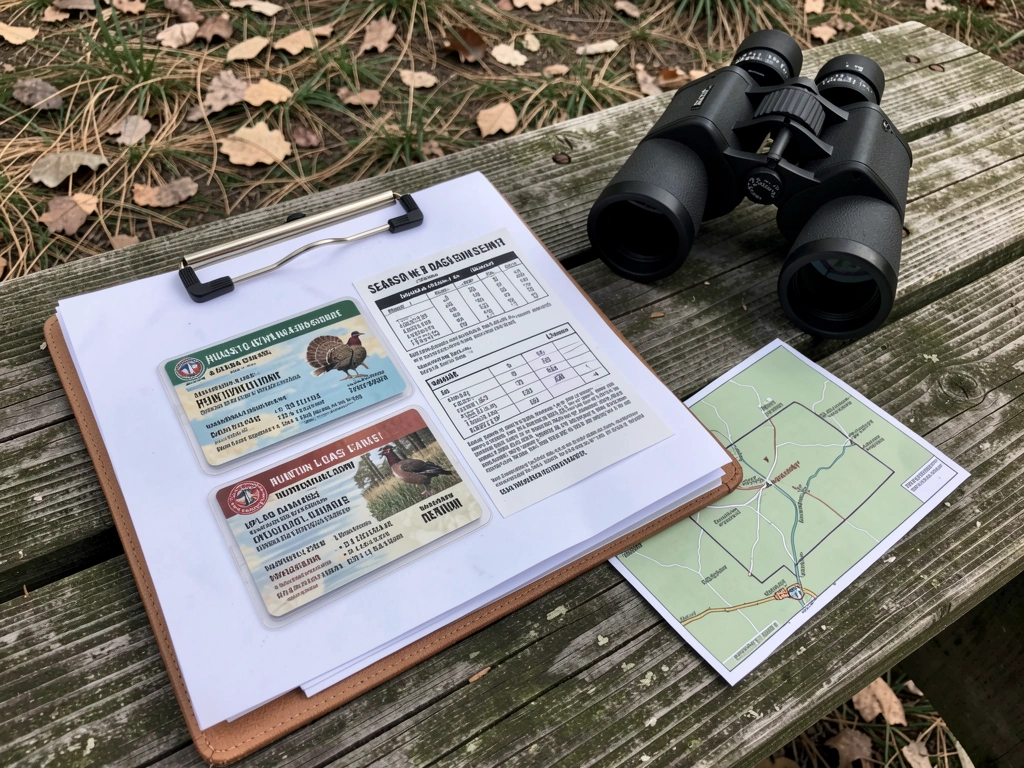Turkey hunting license and upland endorsement papers laid out with binoculars and map