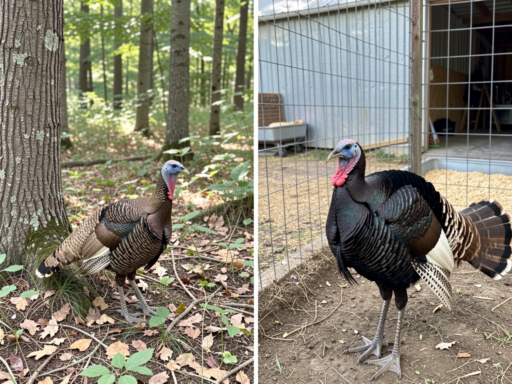 Side-by-side wild turkey in woods and domestic turkey in a fenced farm pen