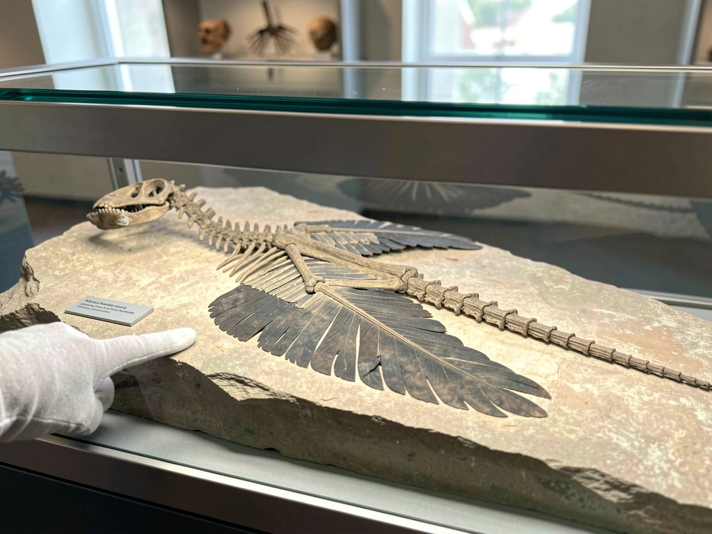 Archaeopteryx specimen display in Solnhofen limestone, showing feather impressions and bones