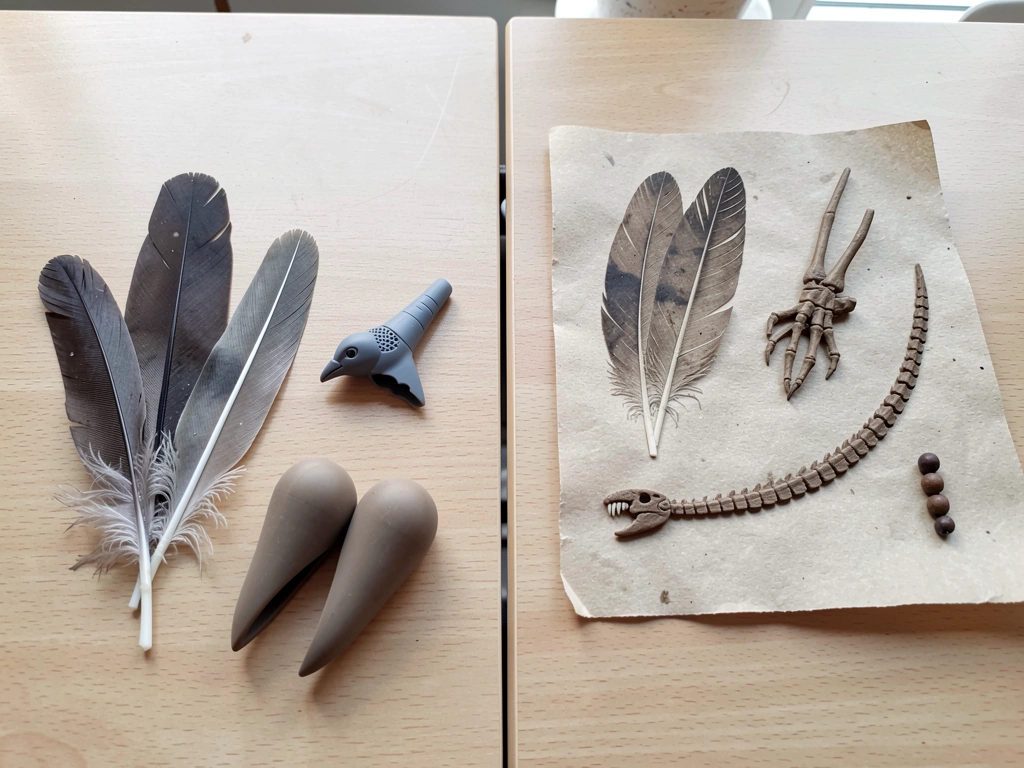 Split-view comparison of bird traits vs Archaeopteryx traits using physical labels and objects