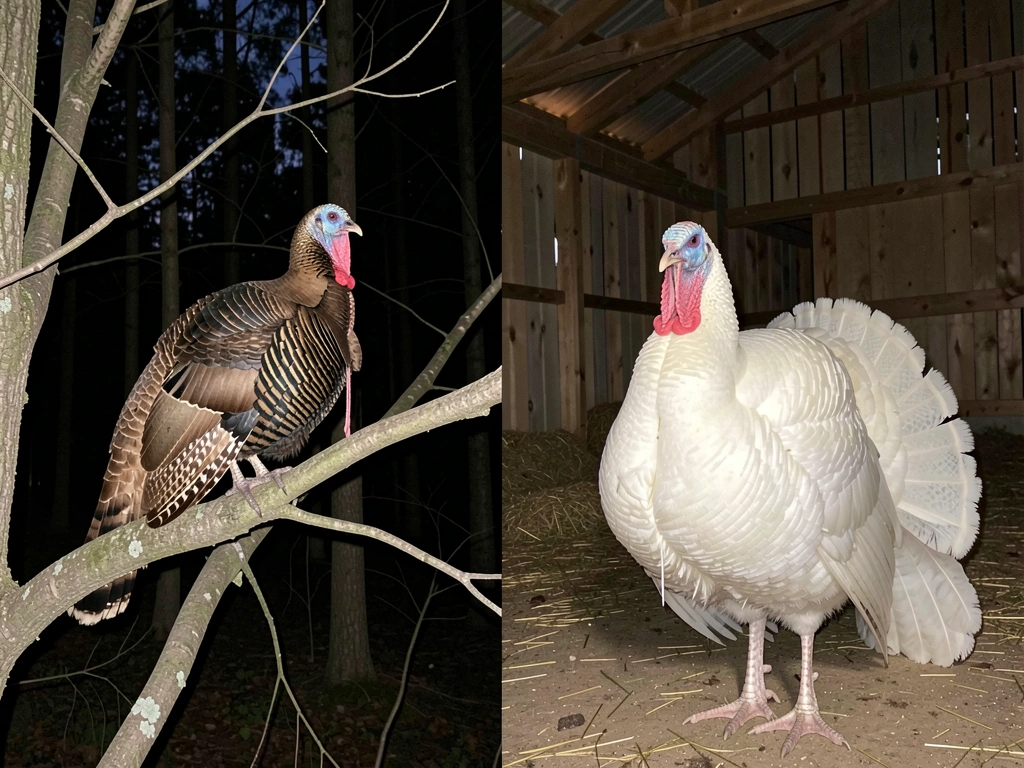 Wild turkey roosting in trees vs domestic broad-breasted white staying on the ground