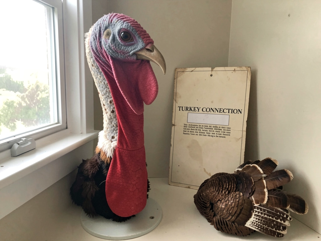 Turkey-coded early Hokie Bird costume display with turkey-like head/long neck silhouette