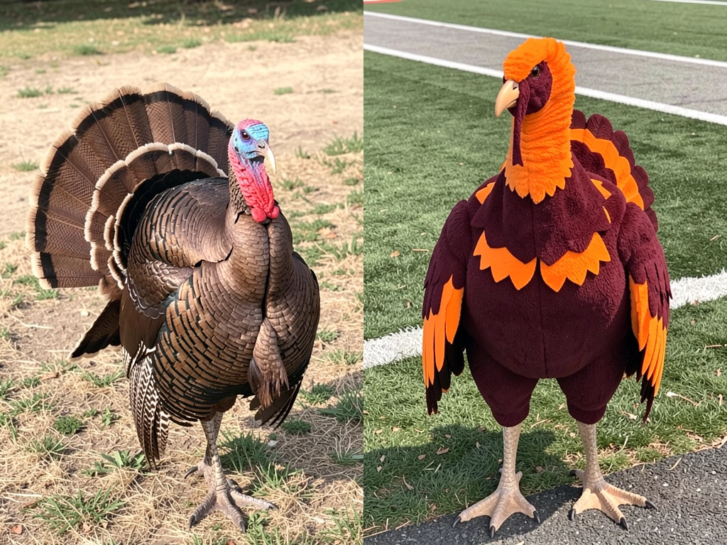 Real wild turkey next to Hokie Bird mascot showing visible design differences