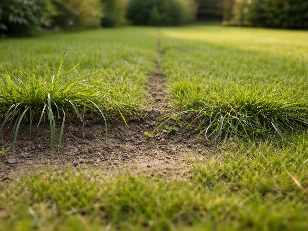 Minimalistische foto met drie tuin-situaties: overhangend gras, uitlopers en een grensstrook richting buurttuin.