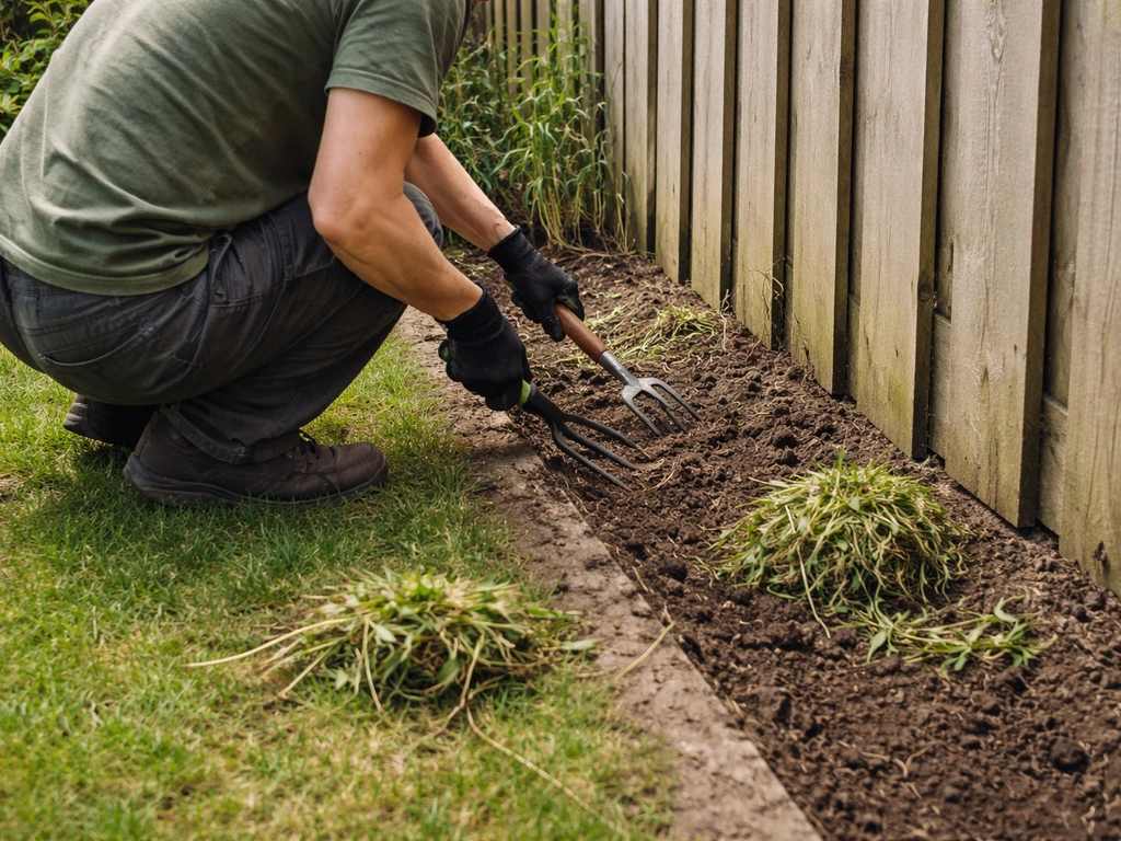 Tuinman maakt met schop, krabber en tuinschaar de erfgrens vrij in een rustige achtertuin