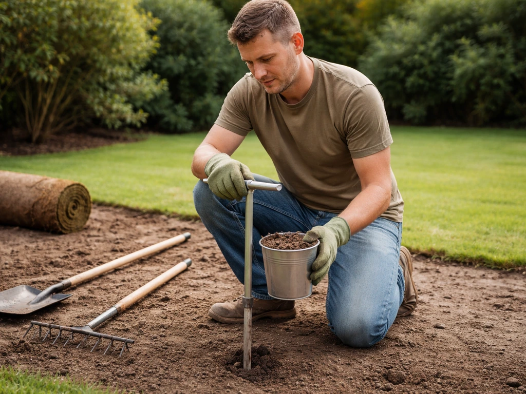 Tuinman onderzoekt grond met schep en grondboor op een leeg grasveld