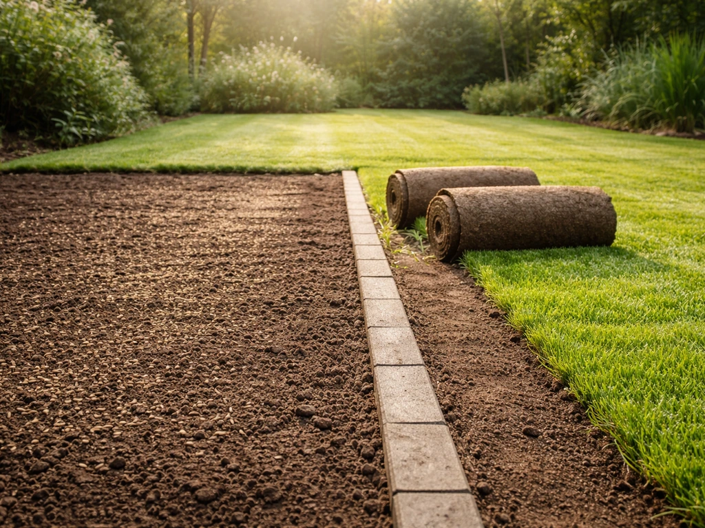Links zaaigoed op aarde, rechts opgerolde graszoden die klaar liggen om te leggen, nette tuinrand.