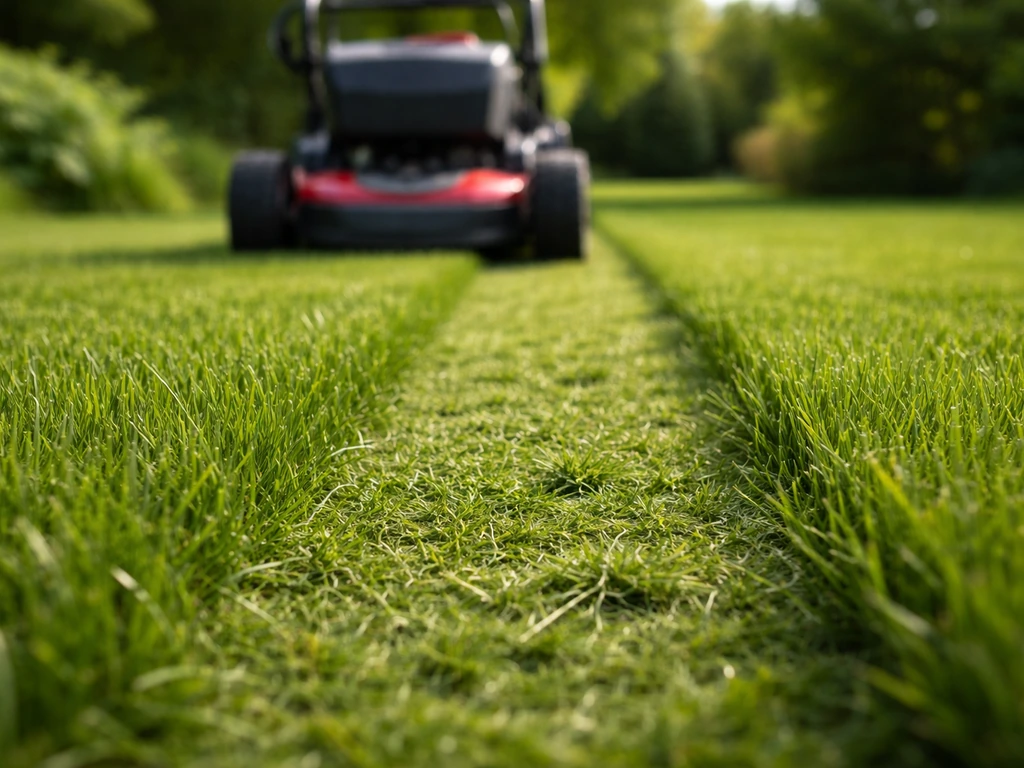 Scherp ogende gazonmat met een maaier die kort gras maait in het groeiseizoen.
