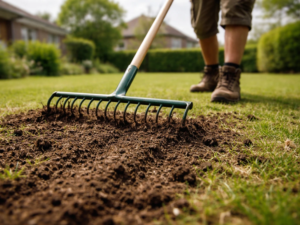 Een beluchtings- of verticuteerhark prikt door het gazon, met zichtbaar opengewerkte grond en aarde.