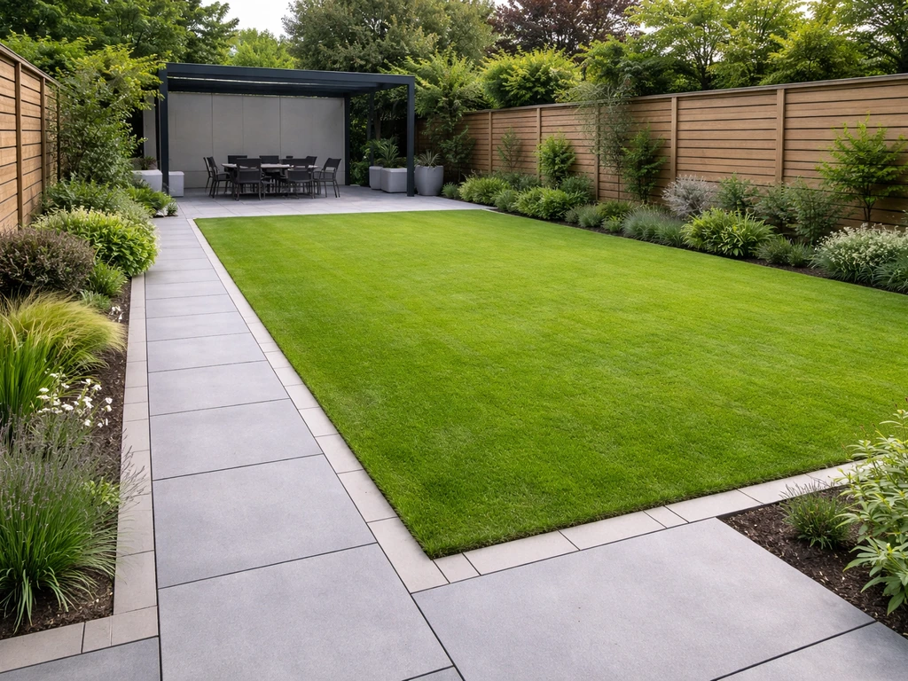 tuin met tegels en gras
