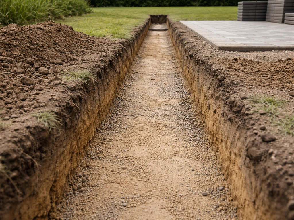 Uitgegraven sleuf met afschot en zichtbare grondlagen in de tuin vóór het leggen van gras of tegels.