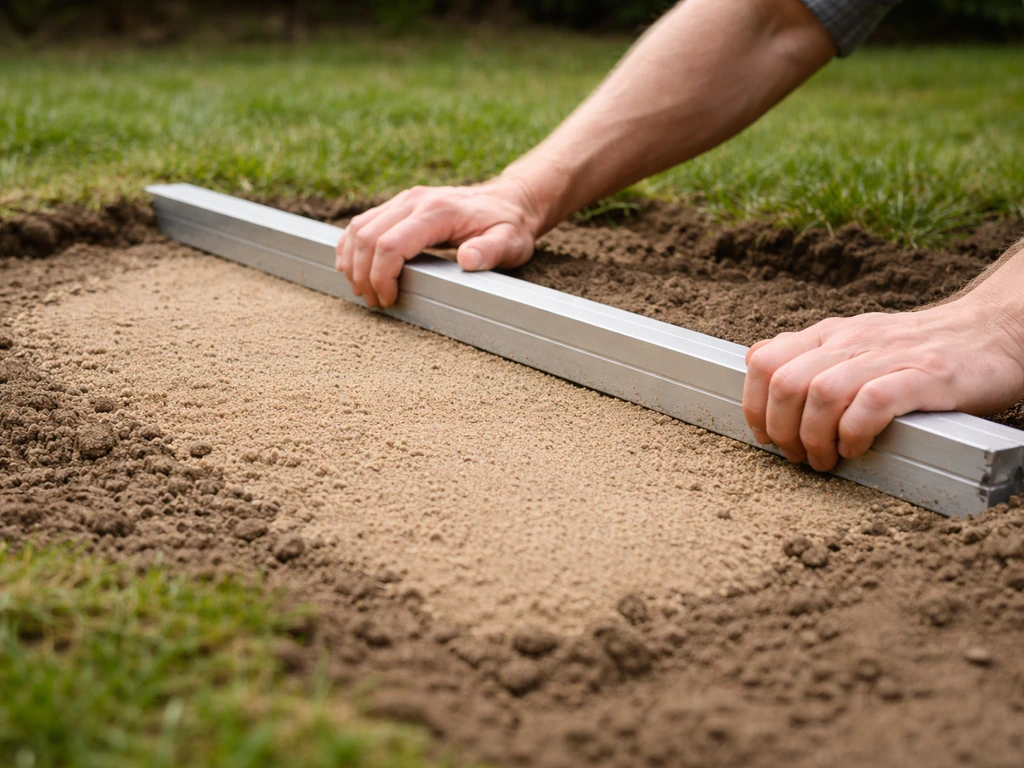 Close-up van tuinier die zand/grond aanvult en vlak trekt met een rei bij een lage plek in de tuin