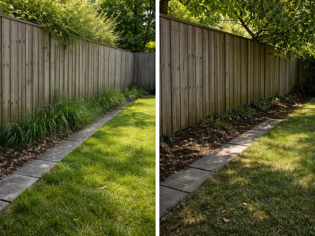 Erfgrens met links overhangend gras/onkruid en rechts schaduw en wortelopdruk als twee soorten ‘gras van de buren’.