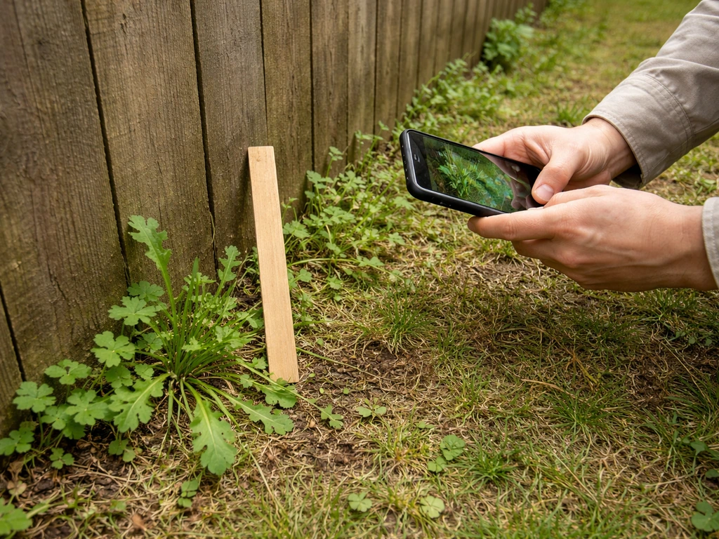 Hand met smartphone die een erfgrens met gras/onkruid vastlegt naast een meetlat