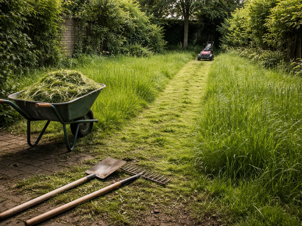 Overzicht van een hoog gras tuin met lang gras, opschoonspullen zoals grasmaaier en kruiwagen, klaar om te herstellen