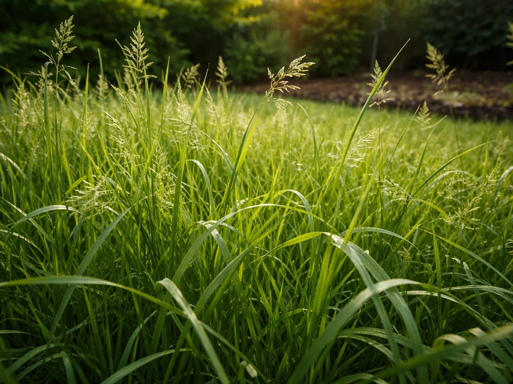Close-up van hoog, dicht doorgeschoten gras in een tuin, met sprieten die ver over elkaar heen groeien.