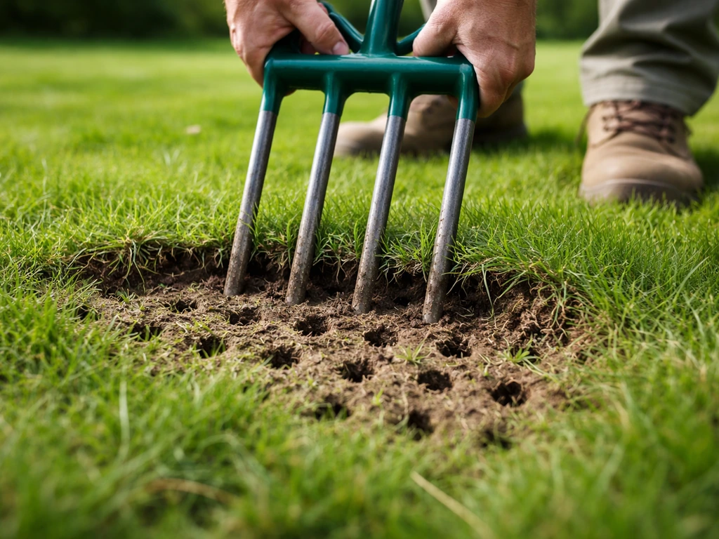 Hand met vertand beluchtingsprikvork maakt gaten in gras, zichtbare open prikgaten in de grasmat