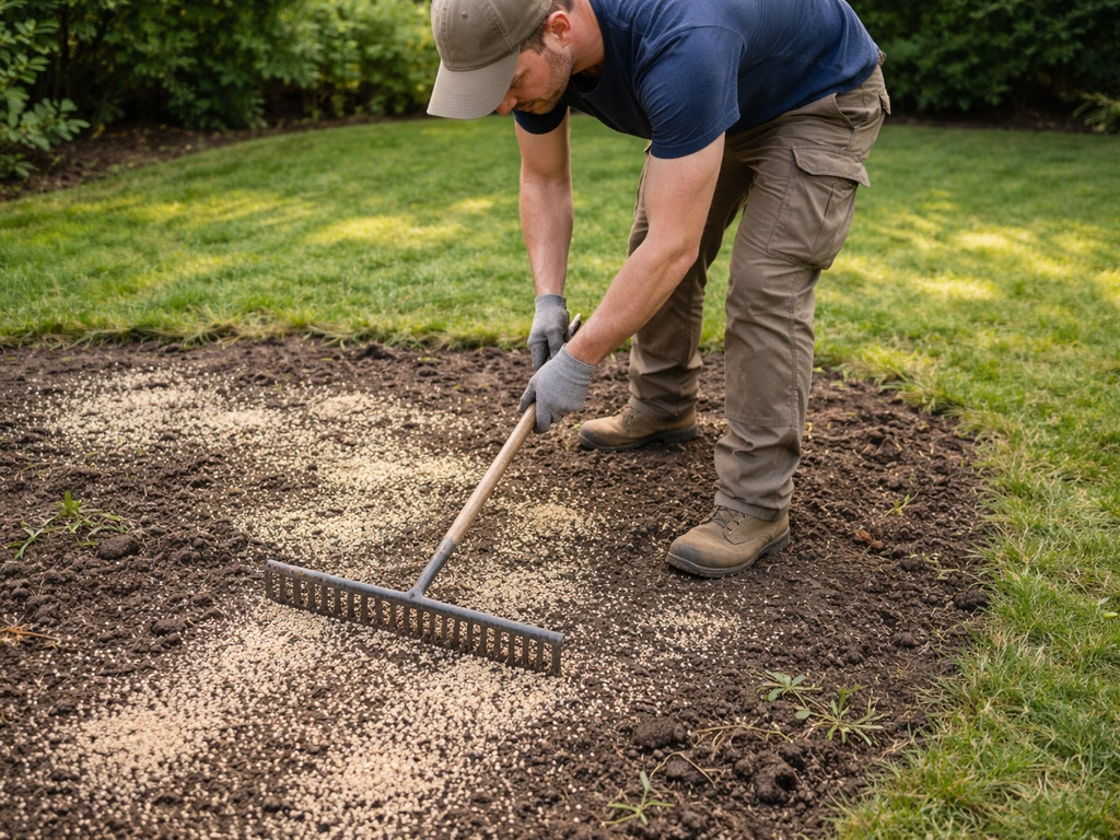 Werken aan een beschadigde plek in het gazon: uitgekrabte aarde met zaad/topdressing die wordt egaliseerd.