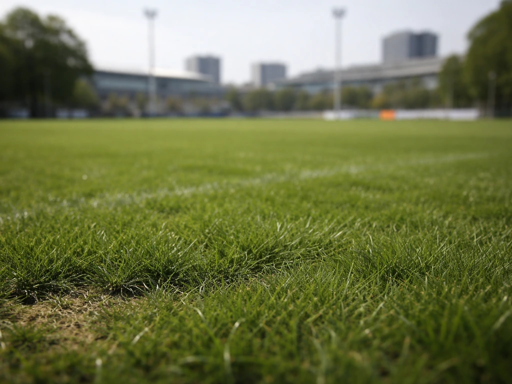 Natuurlijk gras op een sportveld met Den Haag-sfeer, licht bespeeld en professioneel onderhouden.