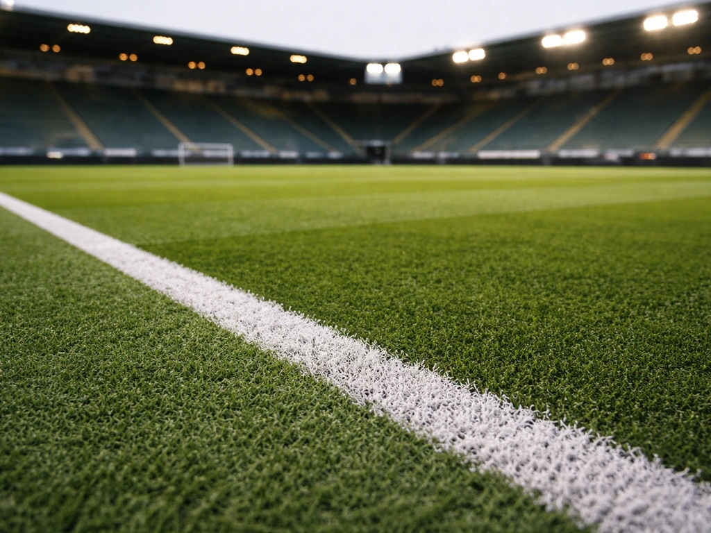 Groen kunstgras voetbalveld in een stadion met vage tribunes op de achtergrond.