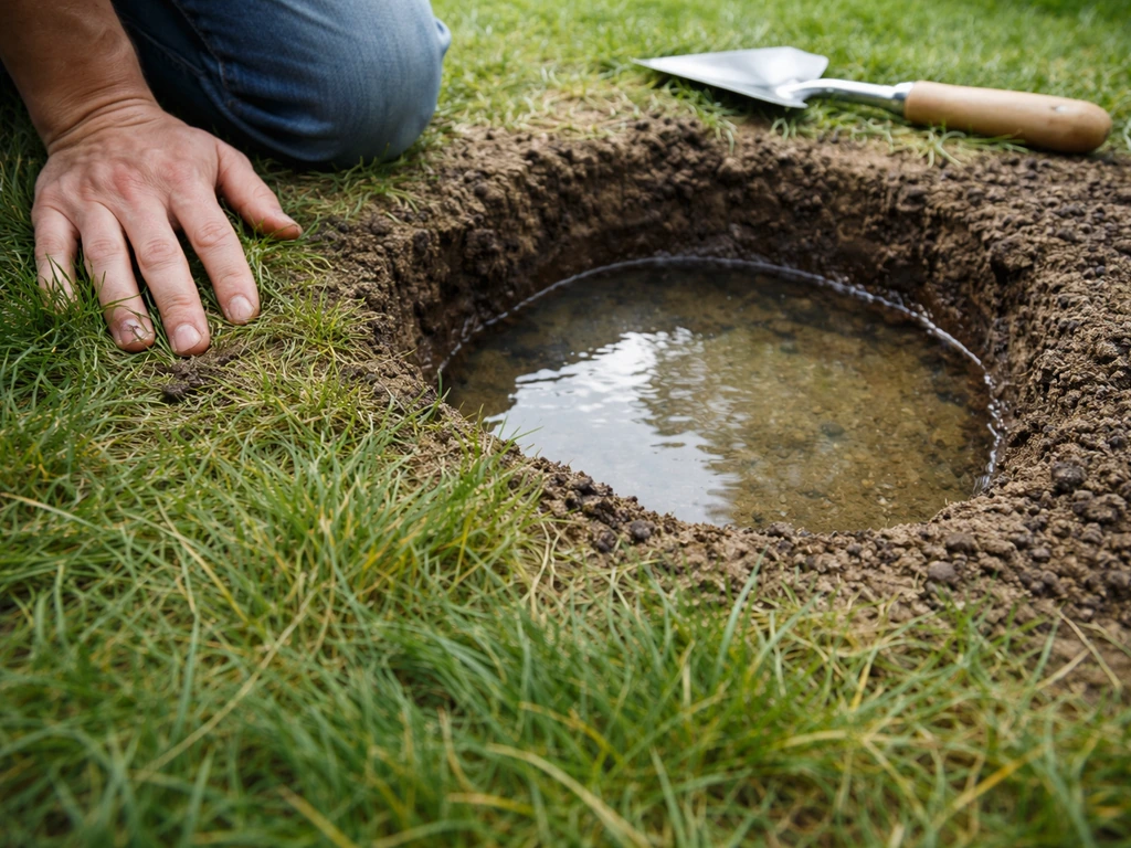 Close-up van een persoon die gras inspecteert bij een testgat met water; water zakt langzaam in de grond.
