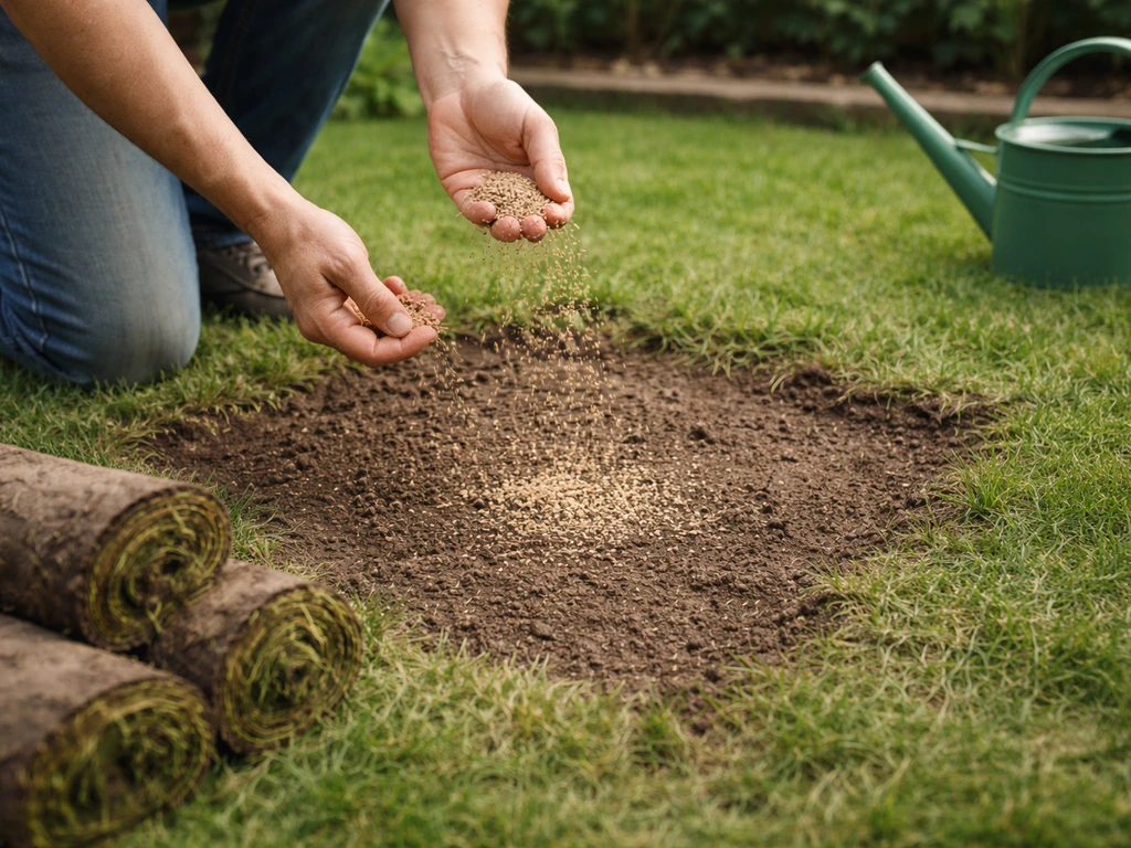 Iemand strooit graszaad op kale plek in een tuin, met een opgerolde grasmat en gieter in beeld