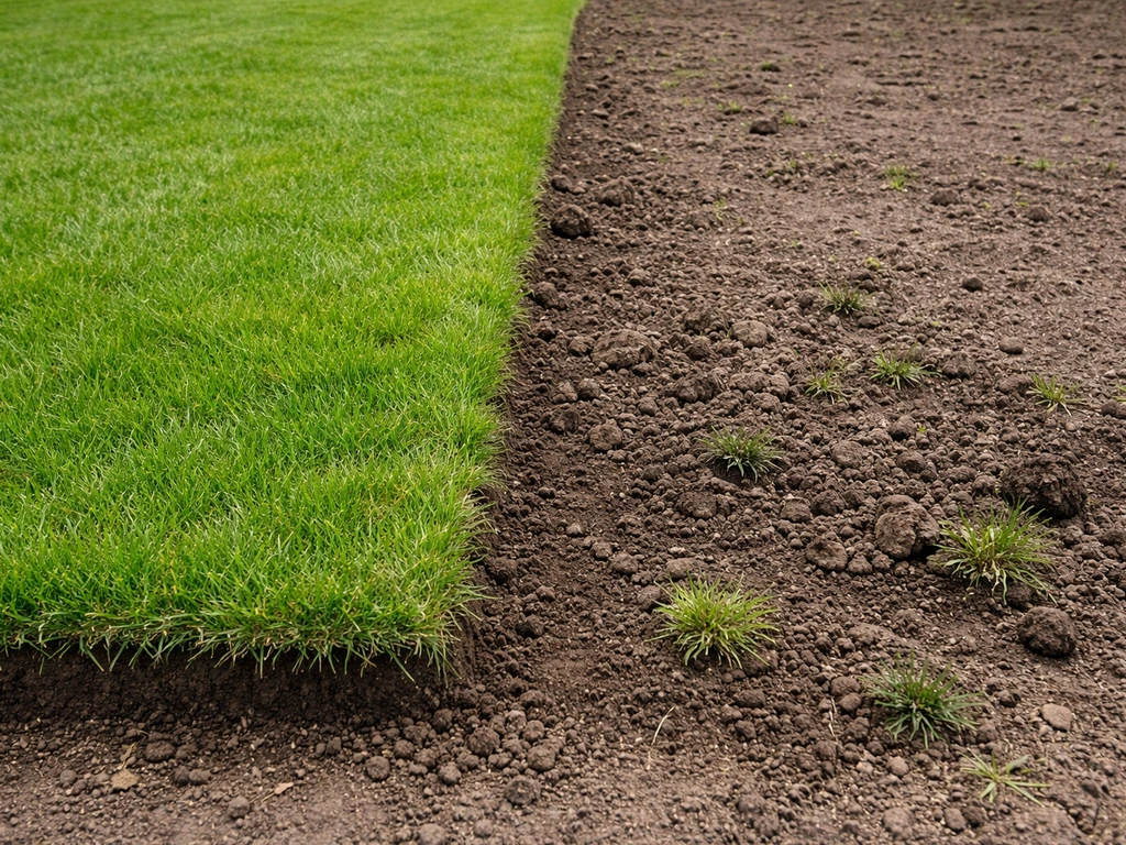 Tuinbodem met deels verwijderde graszode en kale plekken, klaar voor overgang naar een nieuw gazon of klaver