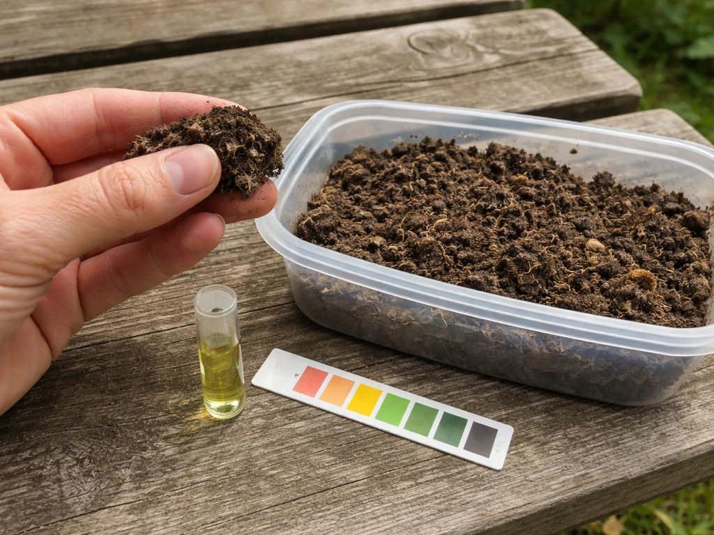 Hand met bodemmonster naast pH-teststrip en mini-meetbuisje op een tuinbankje