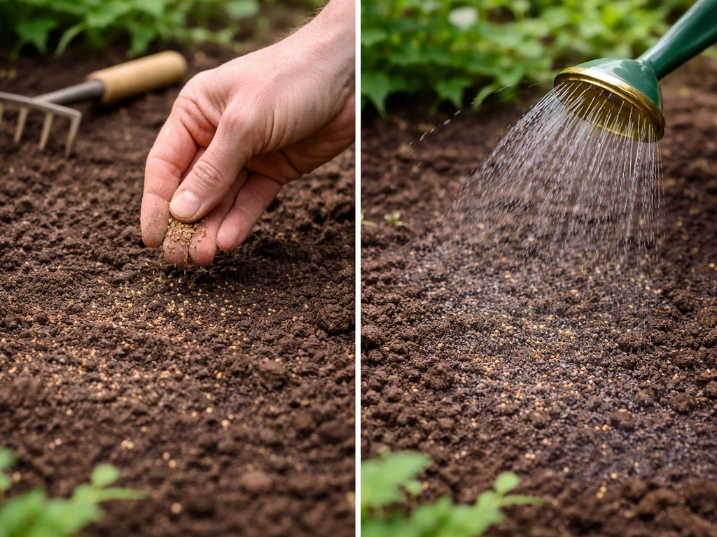Klaverzaad wordt lichtjes ingeharkt tot ~0,5 cm en daarna voorzichtig bewaterd vanuit gieter of slang.