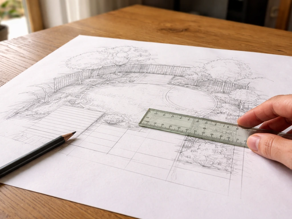 Close-up van een tuinontwerp-schets op papier met ingetekende terrasgrenzen, schutting, bomen en borders.